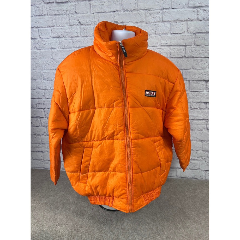 Vintage Y2K Match 1 Orange Puffer Jacket Full Zip Collared Winter Size XL NEW - Picture 2 of 9